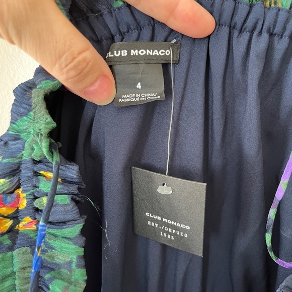 Club Monaco Oversized Silk‎ Lined Tiered Floral Stretch Navy Dress, Size 4 or 6 - Picture 5 of 15